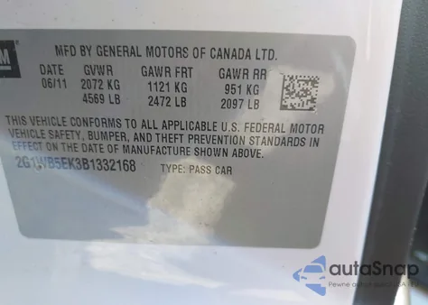 2011 Chevrolet Impala Lt z USA, uszkodzony, nr VIN 2G1WB5EK3B1332168